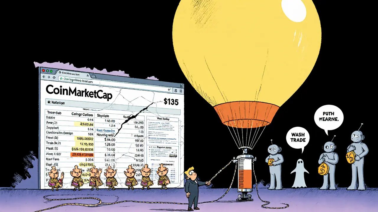 A giant market cap balloon inflated by 105 people, drained by a syringe labeled &#039;wash trade&#039; and fake dates.