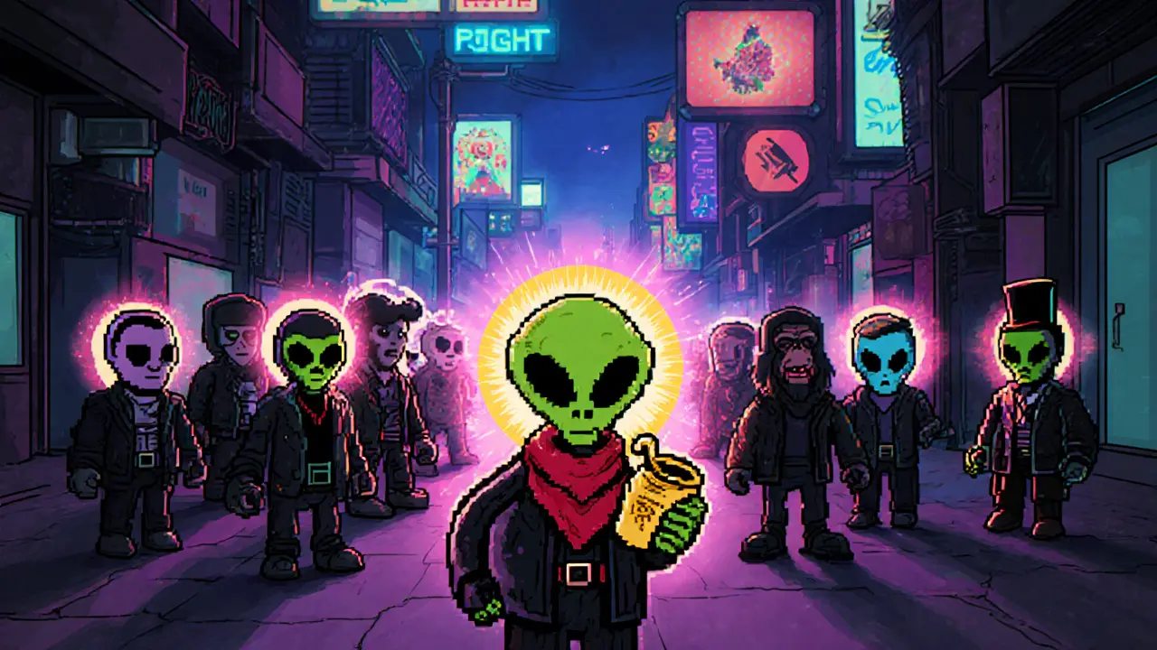 A row of pixel-art characters in a neon alley, with rare types glowing brightly among the crowd.