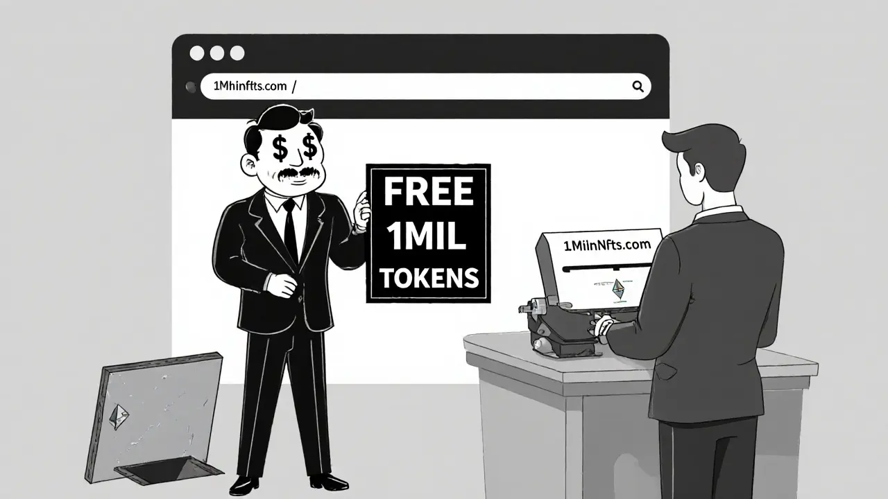 A scammer standing in front of a fake website while a user safely types the real URL on a typewriter.