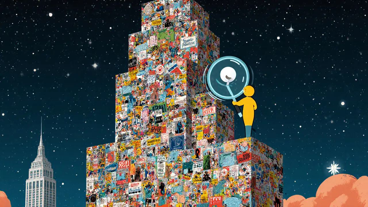 A towering collage of 5,000 tiny scenes forming a skyscraper, with a figure holding a magnifying glass.