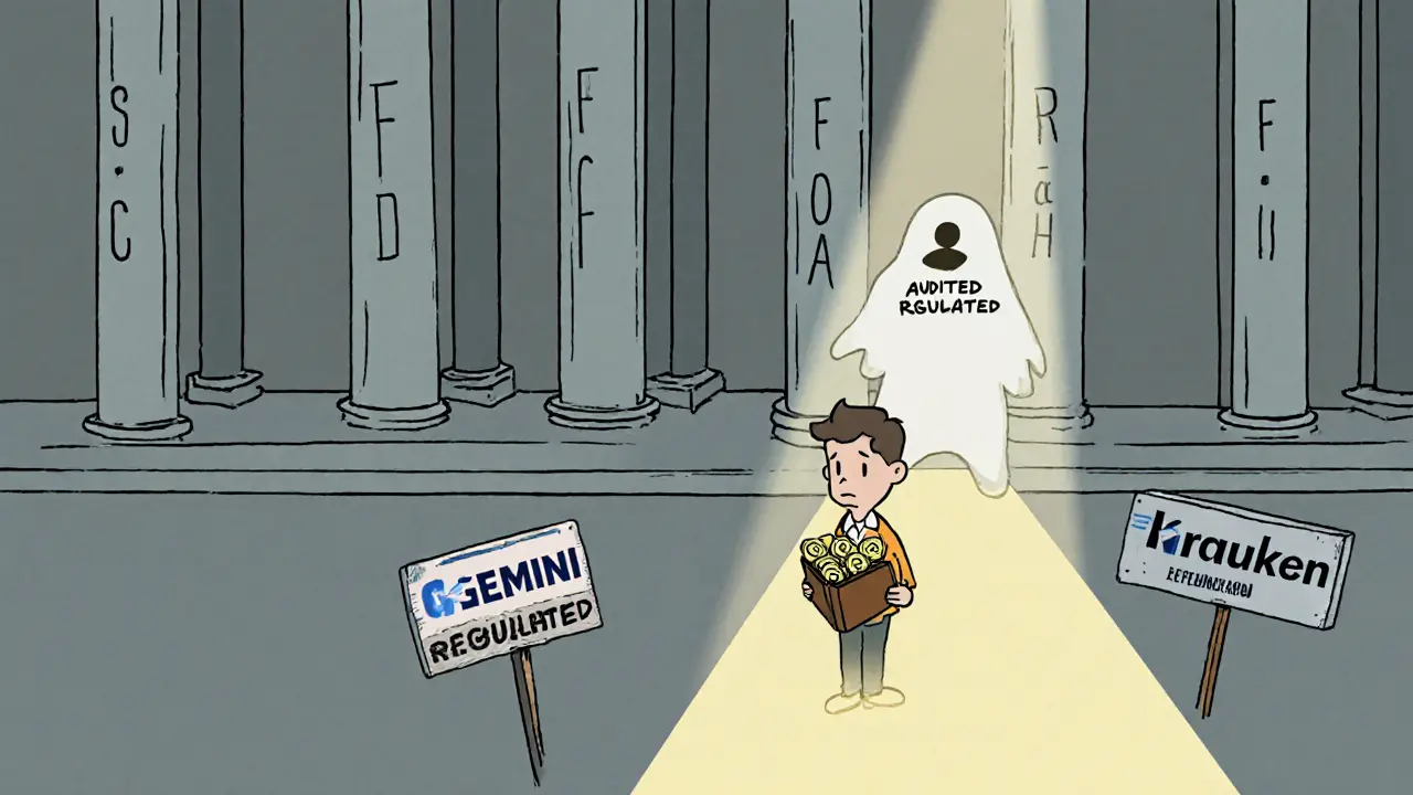 A trader standing before an empty courtroom with no regulators present, while trusted exchanges glow in the distance.