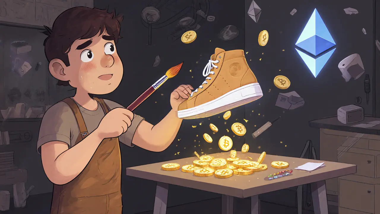 An artist creating a digital sneaker as SAND tokens fall around them in a stylized studio scene.