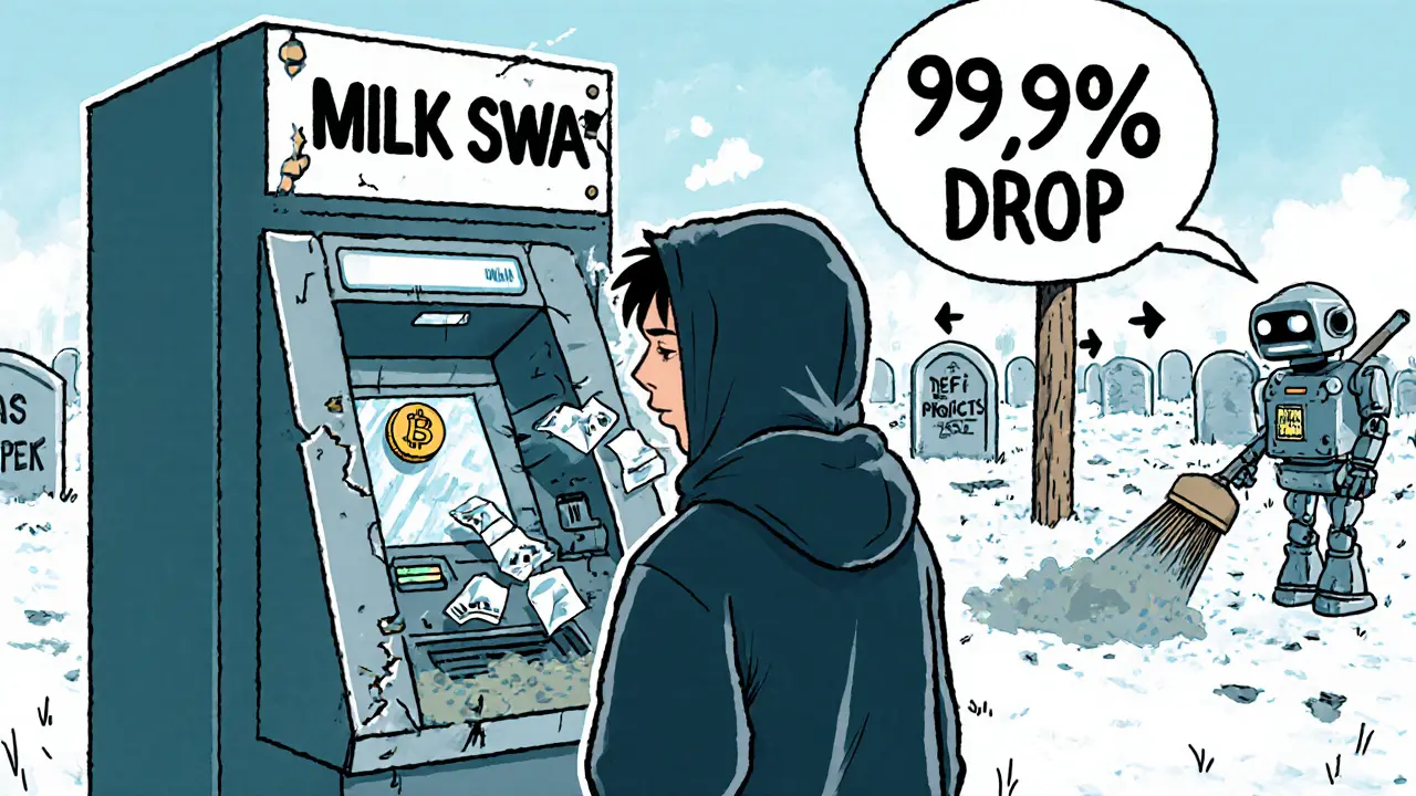 Confused trader facing glitching ATM spitting gas fees, surrounded by graveyard of dead DeFi projects.