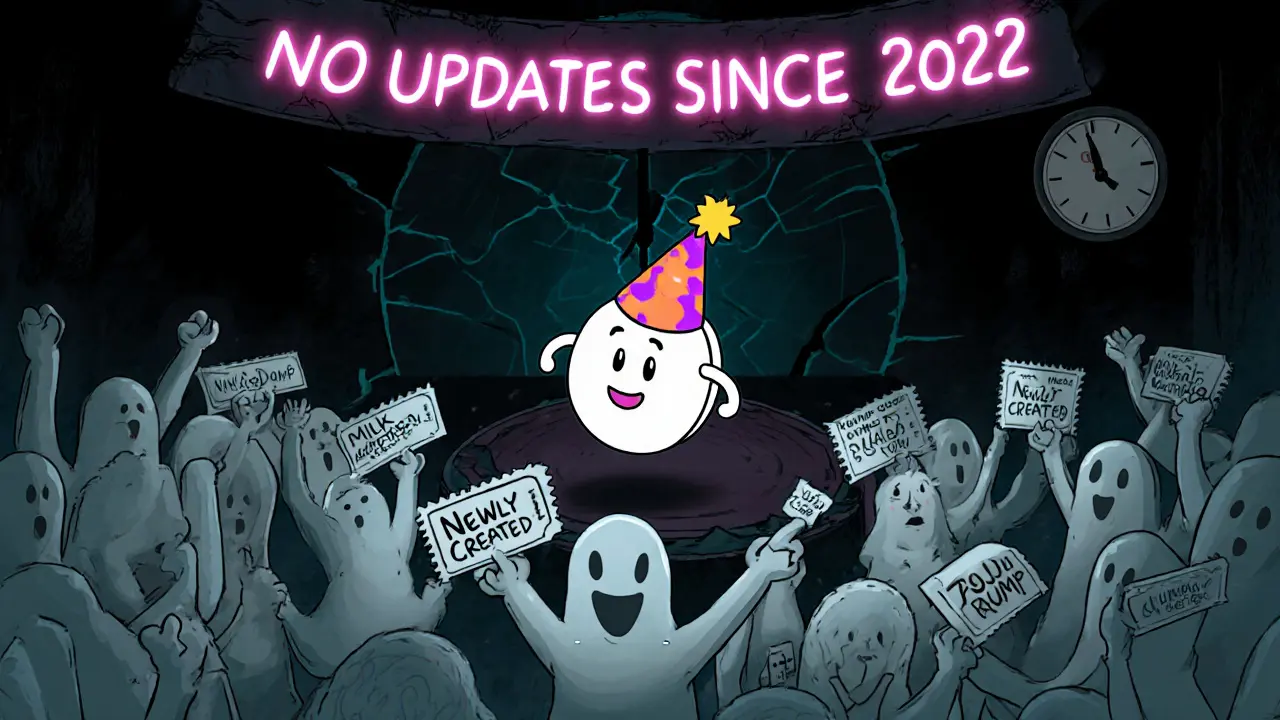 Lonely MILK token at pump-and-dump party among ghost wallets, clock frozen at 2022.