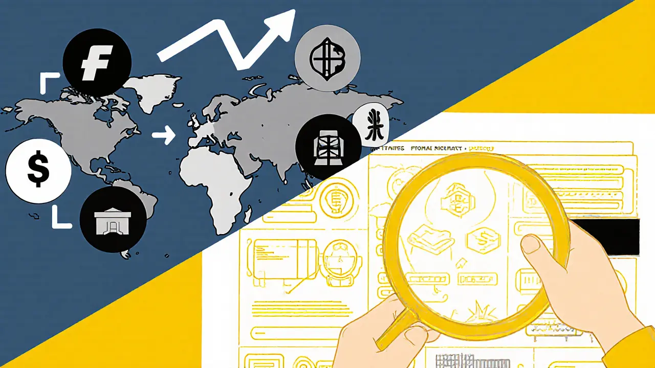 Split scene showing top-down and bottom-up crypto analysis with global map and tokenomics chart.