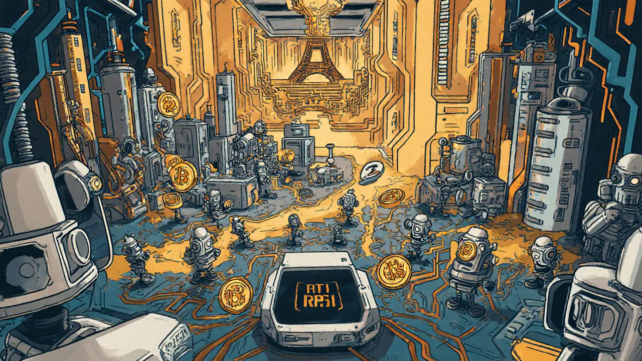 Tiny robots powering a rendering network with golden RENDER tokens flowing through mechanical veins.