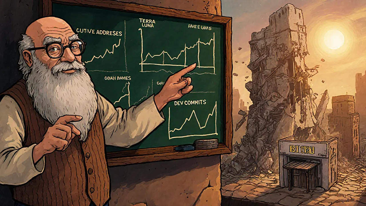 Wise analyst pointing to metrics as a failed project collapses and a successful one stands strong.