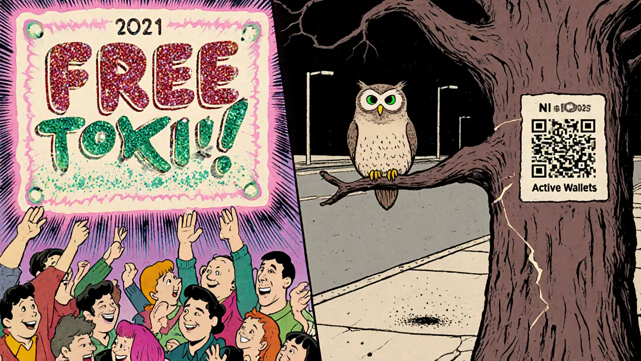 2021 crypto hype scene vs. 2025 abandoned BITORB street with owl and dead tree, in cartoon UPA style.