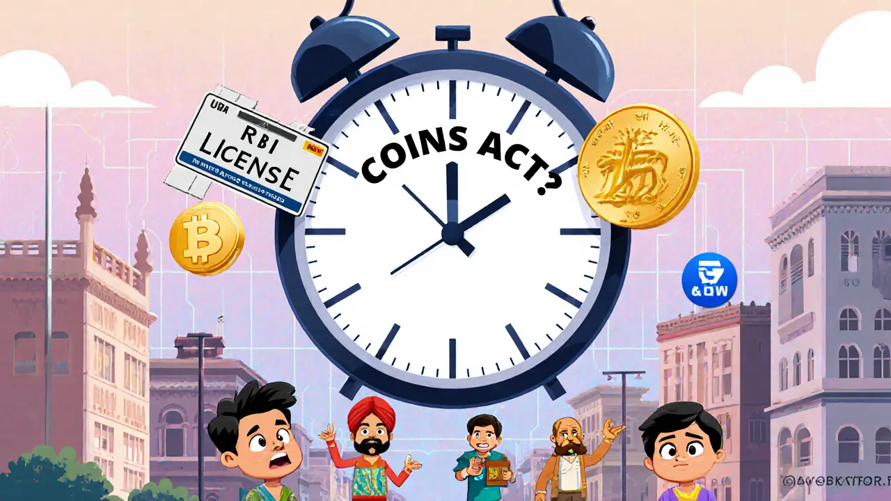 A giant ticking clock labeled &#039;COINS ACT?&#039; towers over a city where citizens hold crypto wallets.