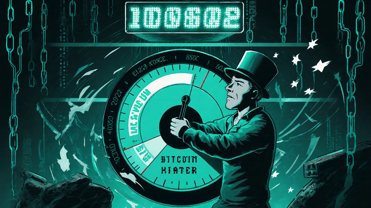 A miner spinning a giant nonce dial surrounded by hash values and a blockchain target.