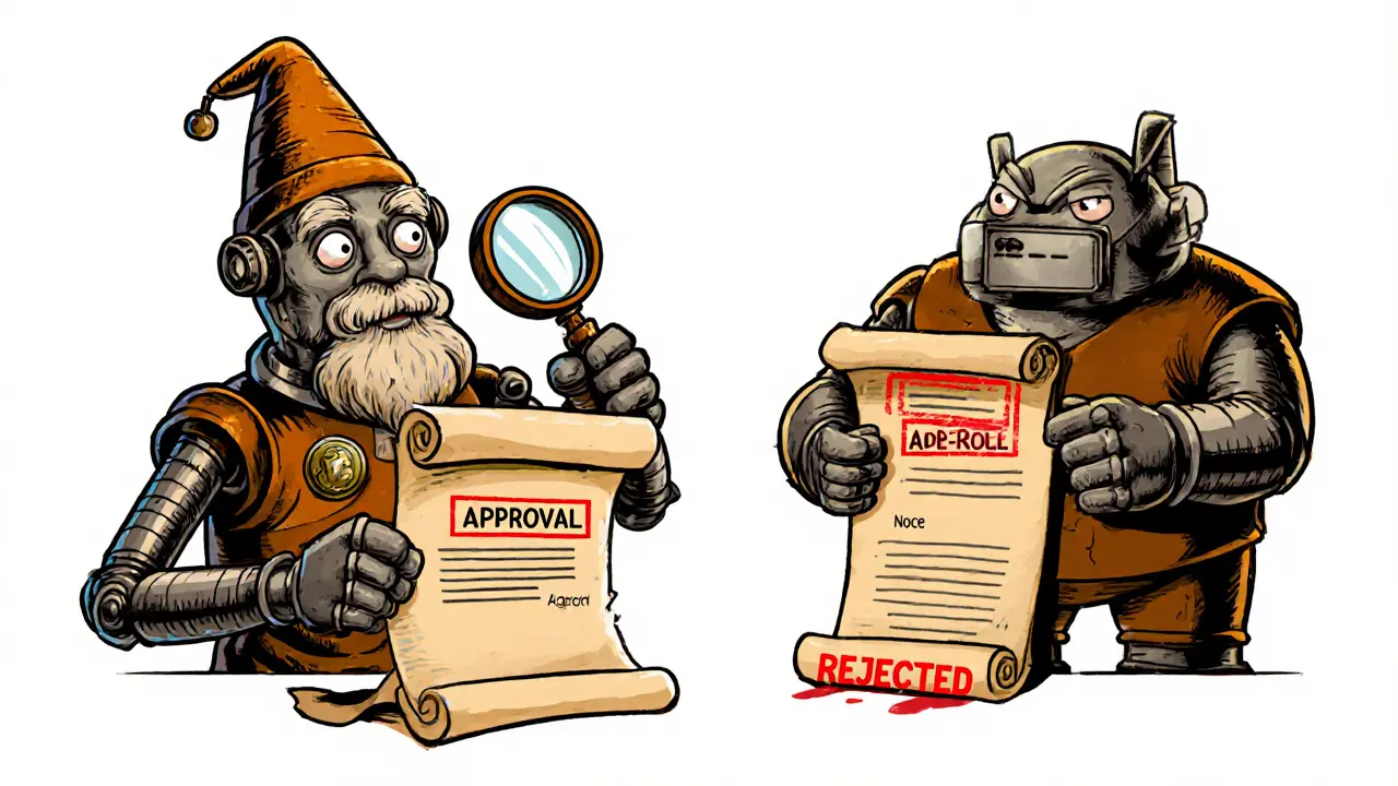 A smart contract robot rejecting a reused approval signature with a stamp.