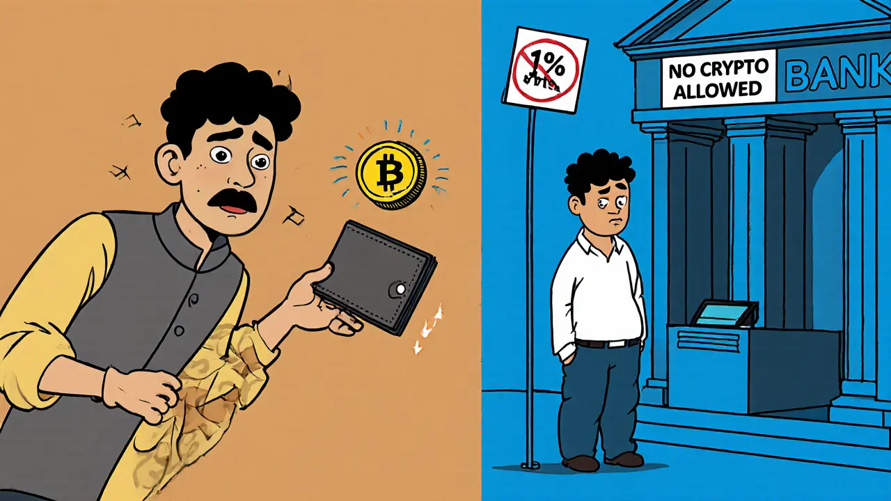 A trader transferring crypto while a bank teller refuses cash, with a 1% tax coin flying away.