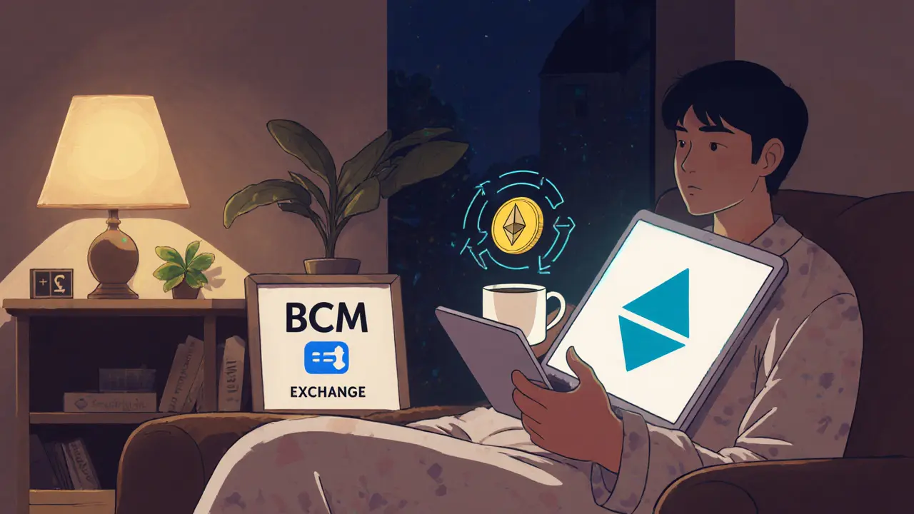 A user watching crypto transform on a tablet at home, with a faded Bitladon photo on the shelf.