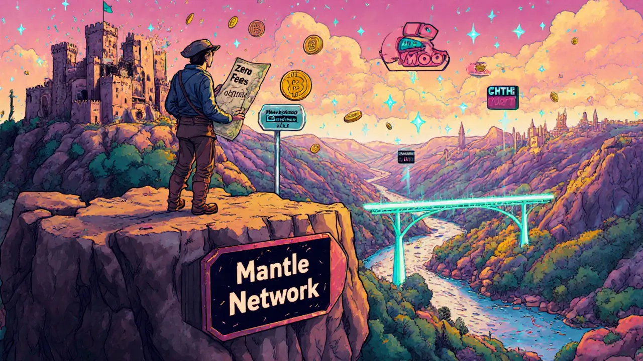 An explorer on a cliff overlooking a crypto valley, with a bridge to Merchant Moe leading away from a fee-ridden castle.