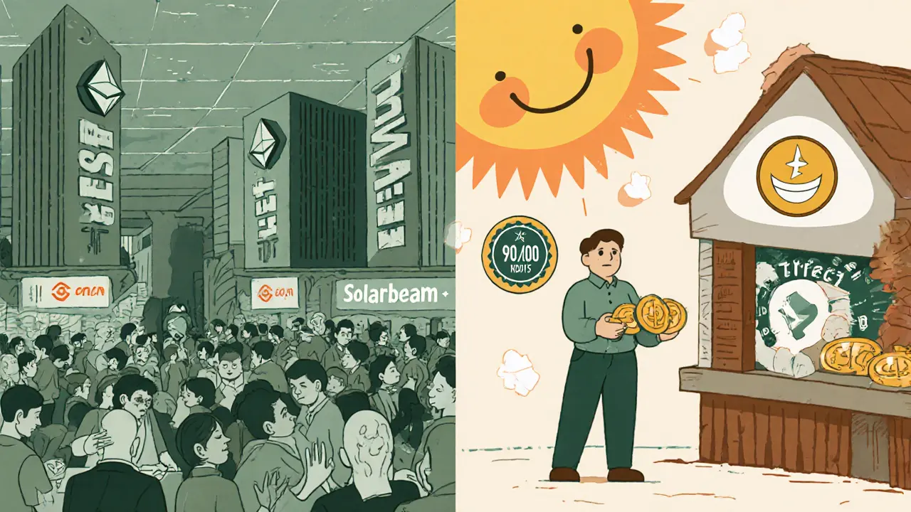 Contrast scene: chaotic Ethereum trading vs. calm Solarbeam trading with low fees and security badges.