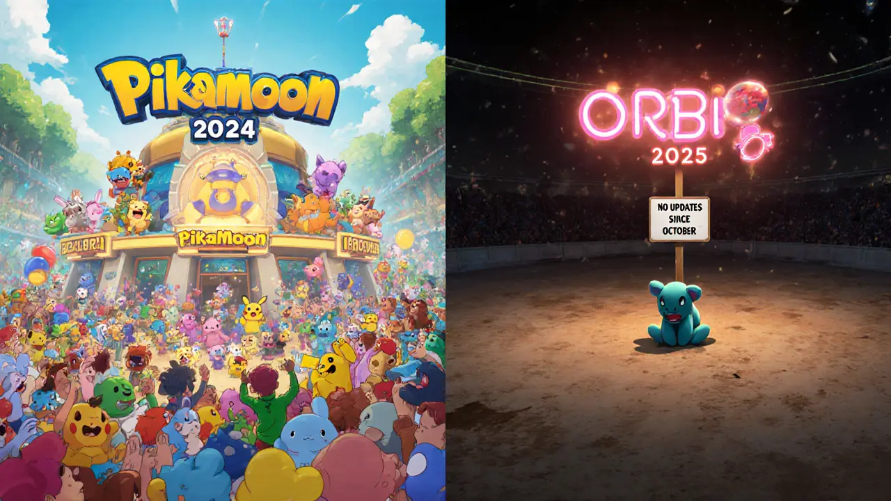 Contrasting vibrant past game hub with empty, decaying Orbio arena under a flickering sign.