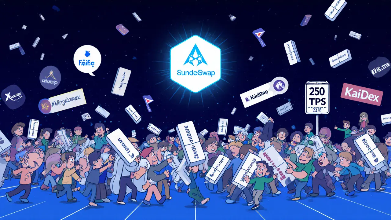 Crowded blockchain with failed and successful swaps, SundaeSwap at center