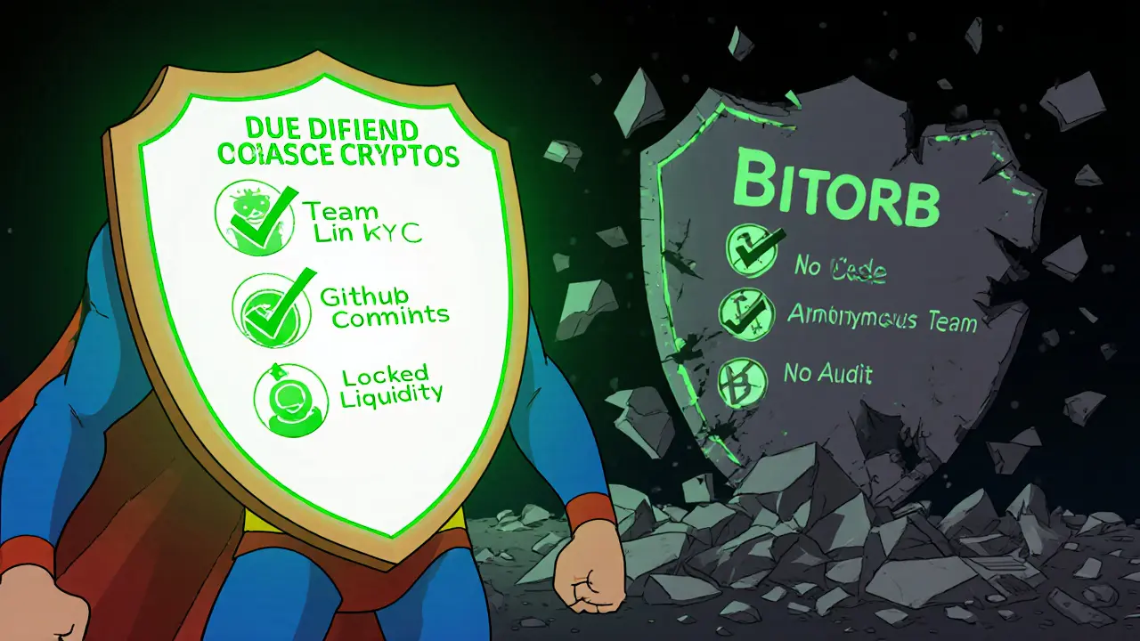 Heroic checklist of crypto safety tips glowing against a crumbling BITORB shield, in cartoon UPA style.