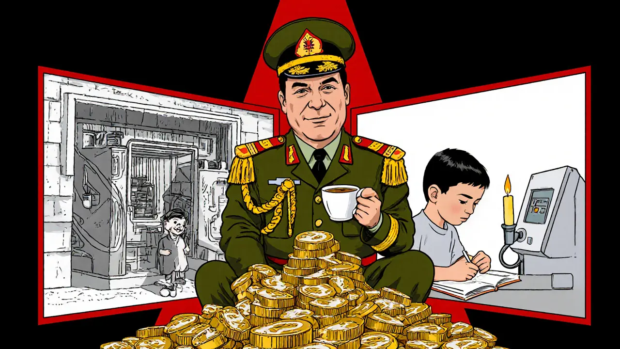 IRGC commander on Bitcoin pile, contrasting arrest of private miner and child studying by candlelight.