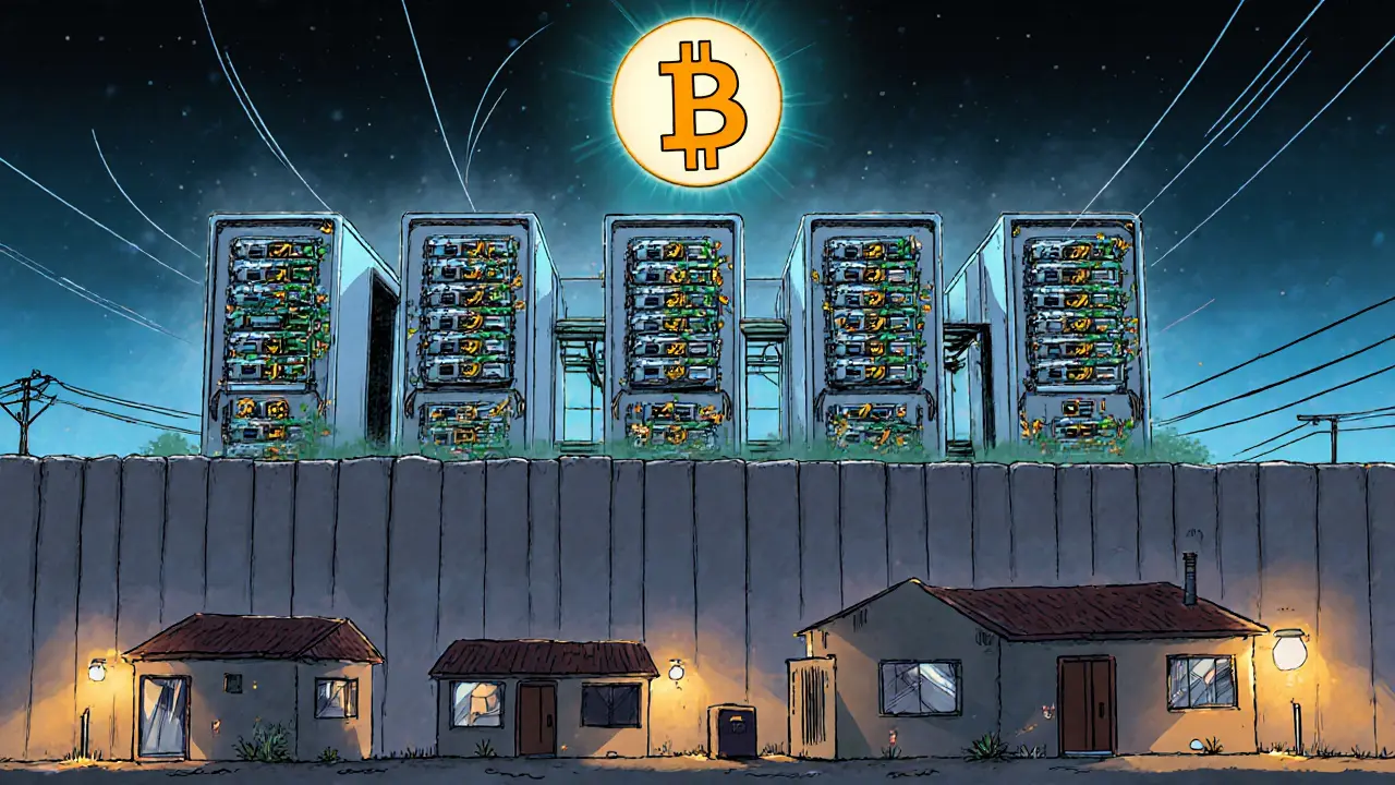 Massive Bitcoin mine with IRGC emblem overshadowing dark, powerless homes in Rafsanjan.