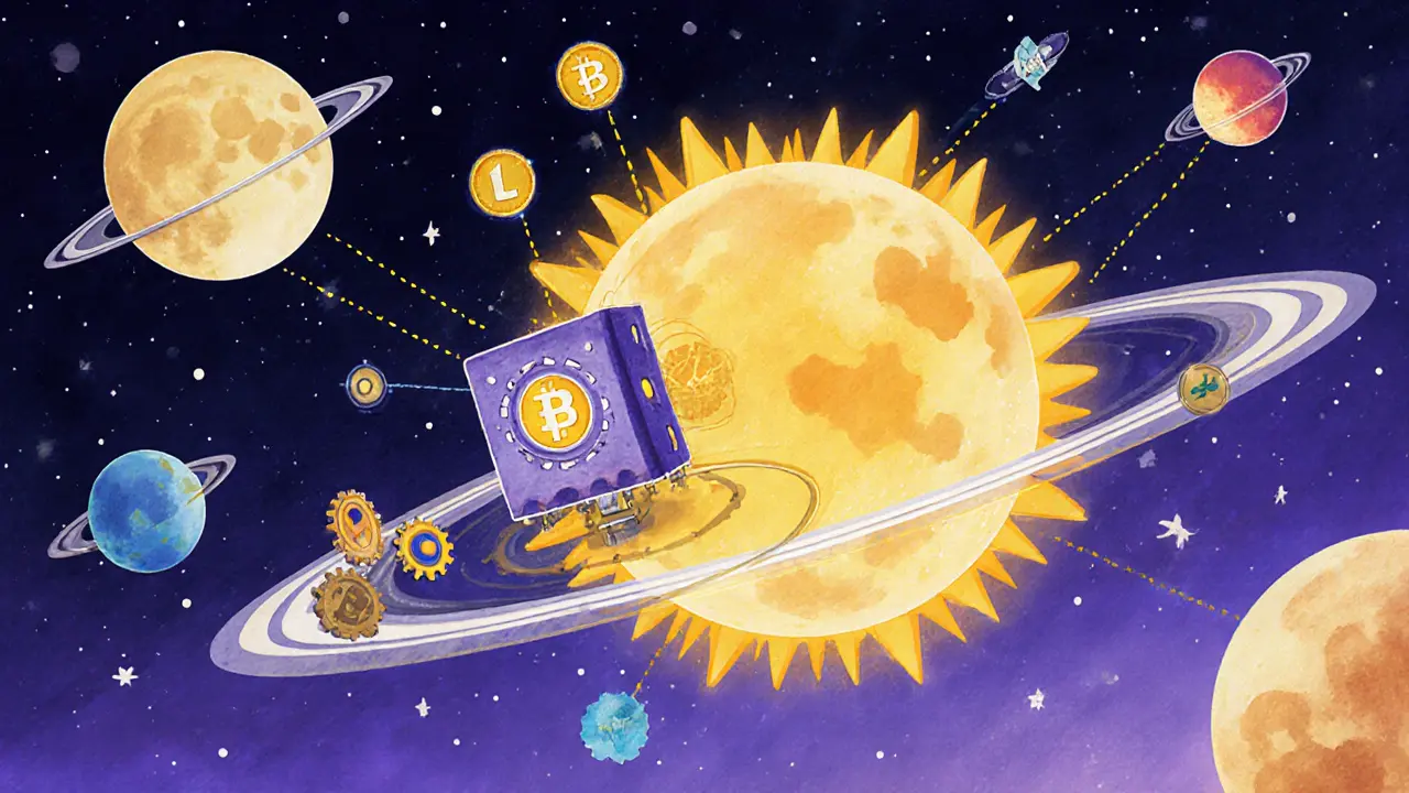 Moonriver planet with Solarbeam exchange station powering Polkadot ecosystem in vintage cartoon style.