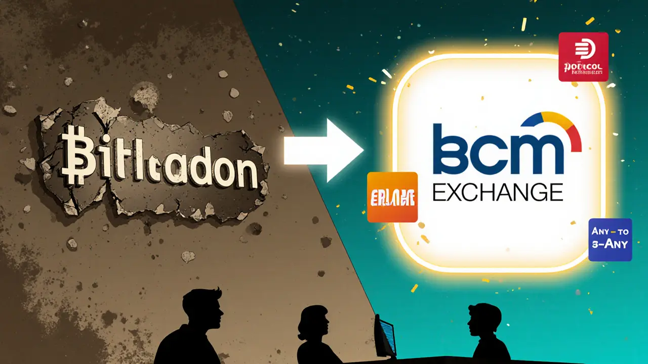 The transition from Bitladon to BCM Exchange with fading and glowing logos, surrounded by payment icons.