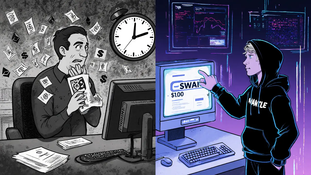 Two traders side by side: one stressed with high gas fees, the other relaxed with a fast, cheap swap on Mantle.