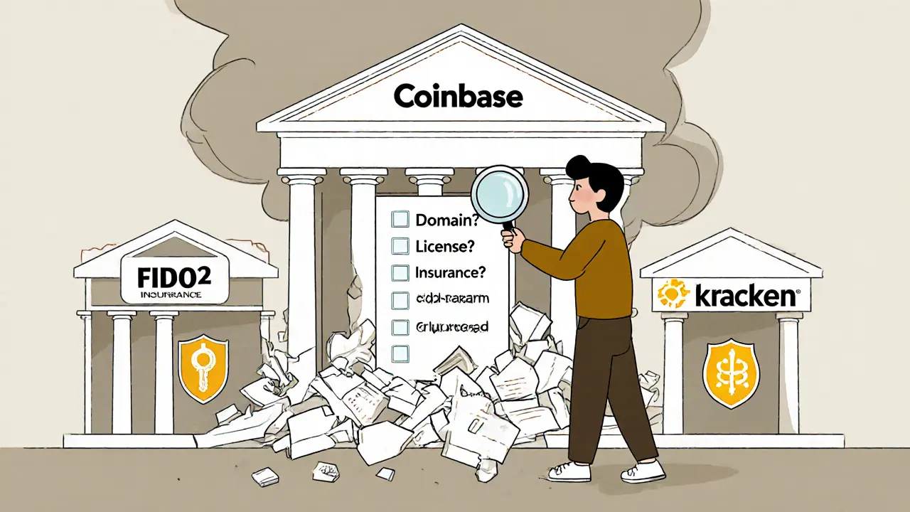 A beginner checks a security list as a fake exchange crumbles, replaced by trusted platforms.