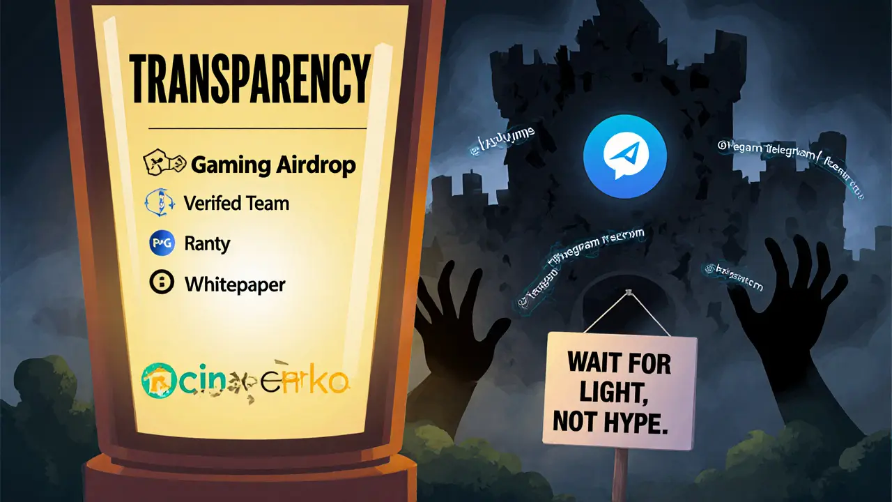 A glowing lantern of transparency illuminates a legitimate gaming airdrop, while a crumbling RVLVR castle vanishes into shadowy scams.