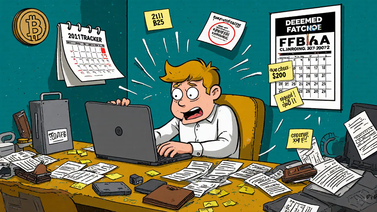 A man in a messy office uses CoinTracker with crypto receipts and a calendar marked &#039;Deemed Sale Date&#039;.