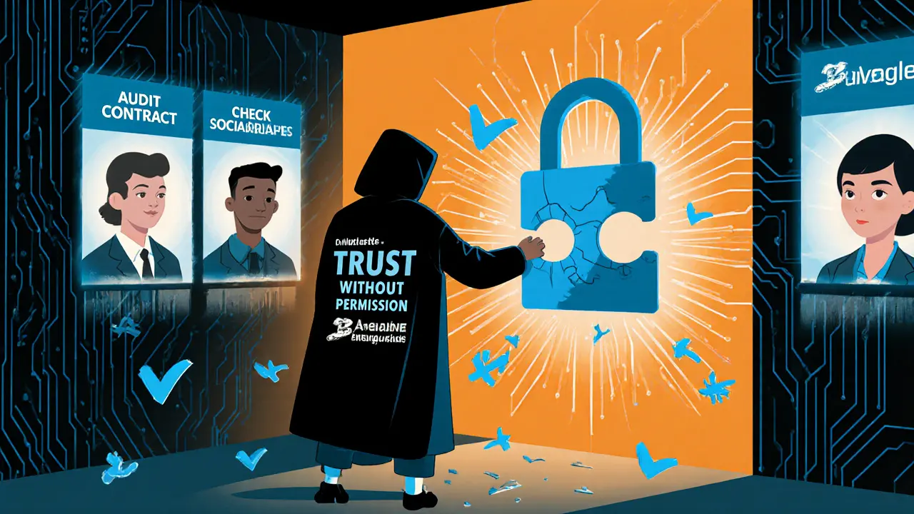 A mysterious figure unlocks trust with a blockchain puzzle, while blue checkmarks break apart around them.