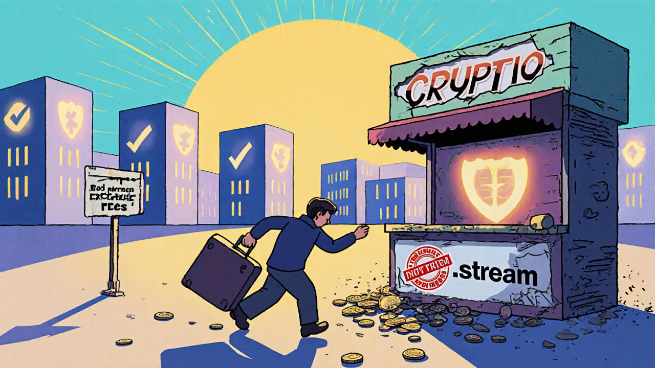 A person walks away from a broken exchange booth with a &#039;Do Not Trust&#039; stamp, heading toward secure platforms.