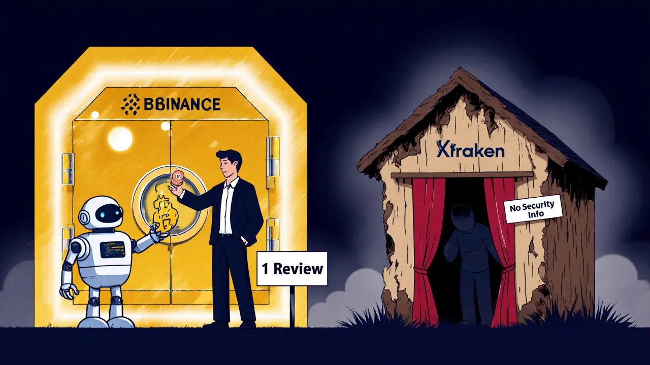 A secure vault with trusted exchanges stands beside a crumbling shack labeled &#039;365.stream&#039; with a trust warning.