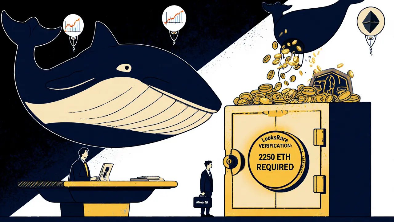 A tiny creator faces a giant whale hoarding ETH volume, in stylized 1950s cartoon art.