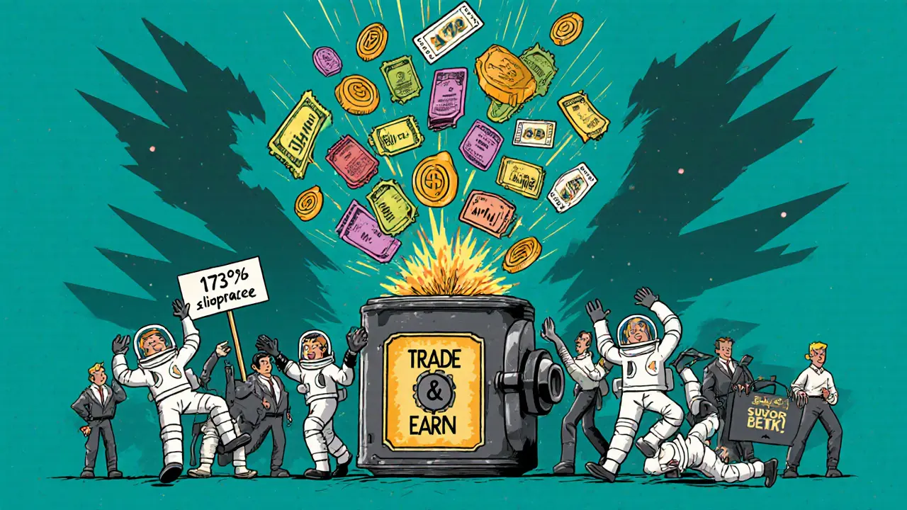 A whimsical ticket machine spits out tokens as traders reach for rewards, one falling into a slippage pit.