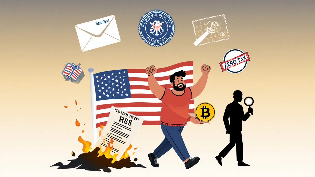 An expatriate walks away from a burning tax bill, holding a Bitcoin as a gift envelope and &#039;Zero Tax&#039; stamp float above.