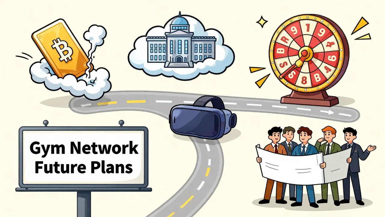 Chaotic roadmap billboard with fading future features like a crypto card and VR university.