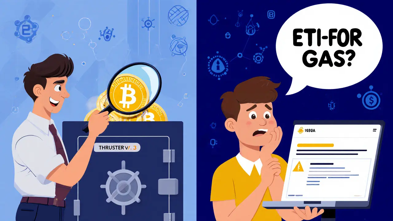 Experienced trader examines a new token while a confused newcomer faces a failed transaction with &#039;ETH FOR GAS?&#039; prompt.