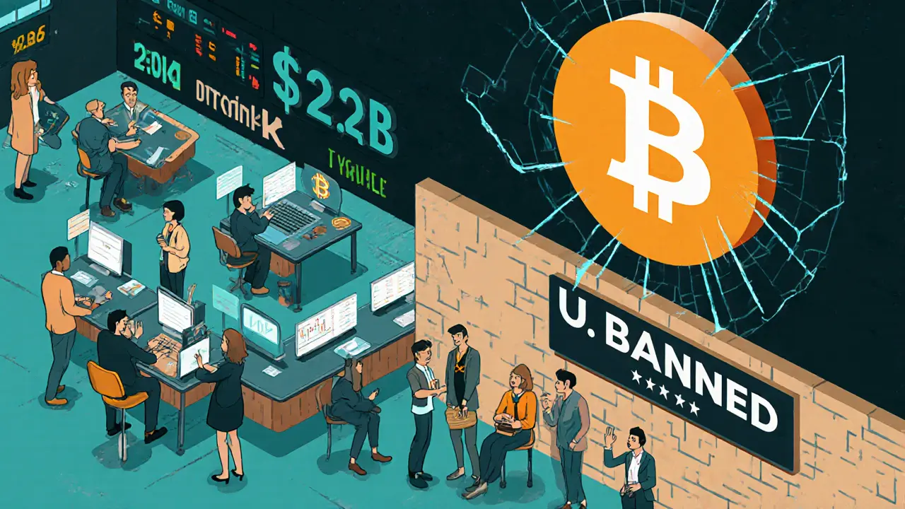 Global traders on a holographic floor with a giant Bitcoin ticker, separated by a &#039;U.S. BANNED&#039; wall, in retro cartoon style.