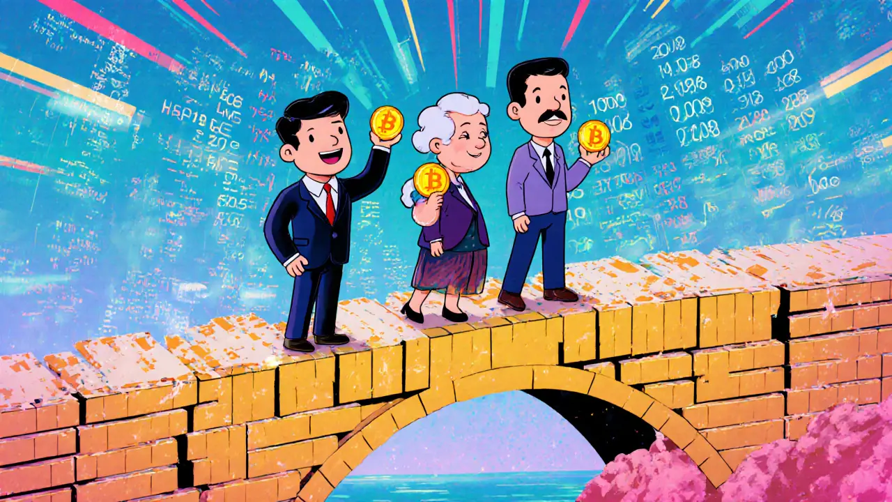 Investors on a blockchain bridge holding digital tokens of real estate and equity, with traditional finance fading away.