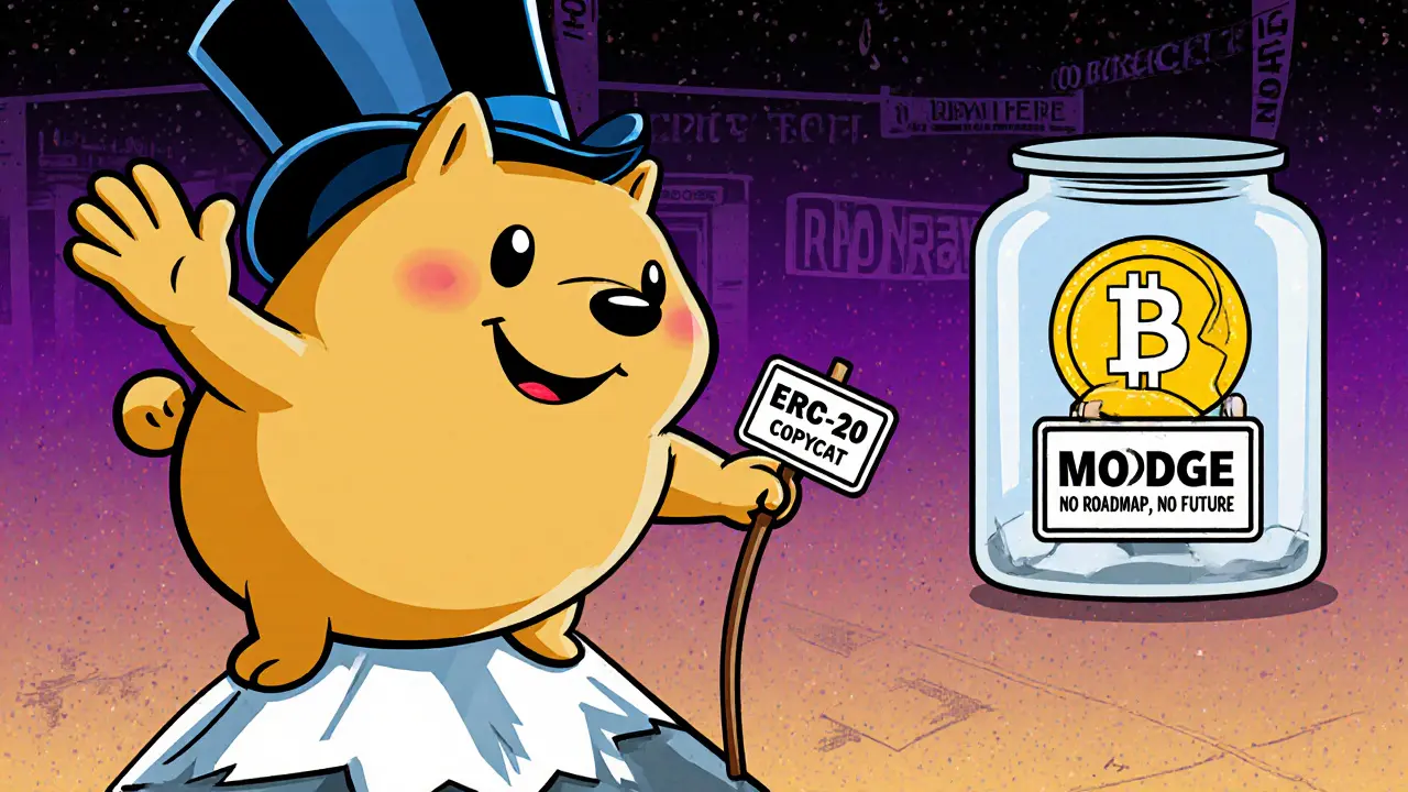 Real Dogecoin on mountain versus trapped MOON DOGE copycat in jar
