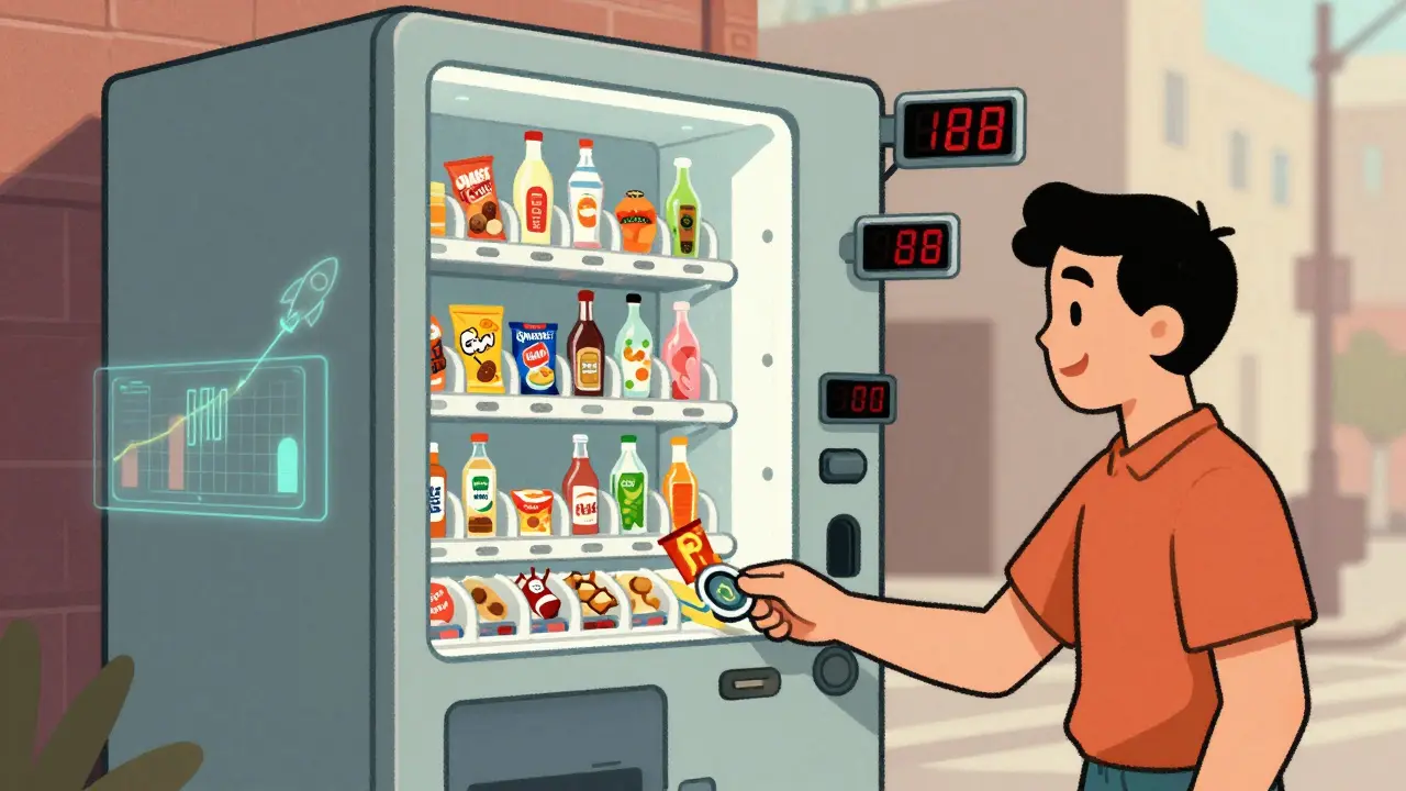 Retro vending machine dispensing snacks after a GYMNET token is inserted, with floating price charts.