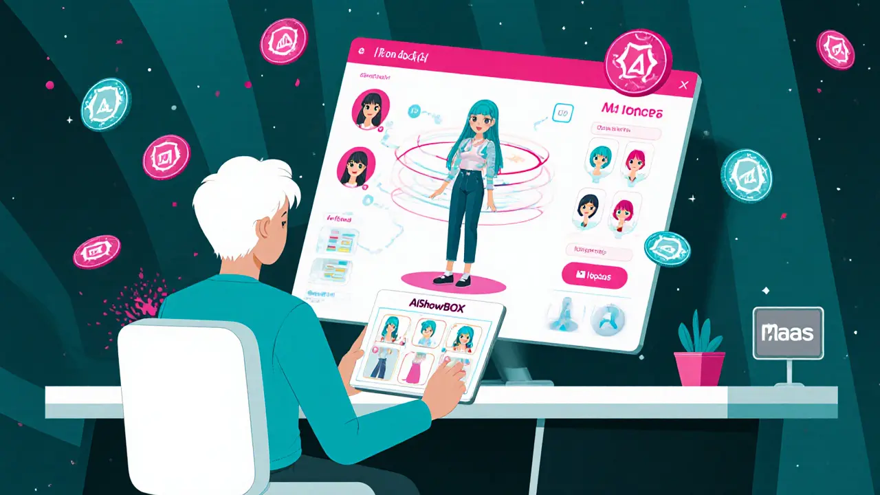 A fan creating a custom AI idol on a tablet with floating tokens and UI elements.