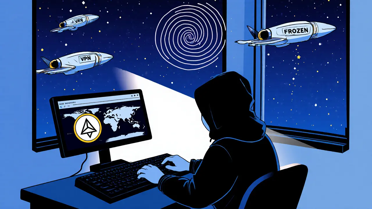 A lone user using Monero and a VPN, with hidden blockchain transactions glowing nearby.