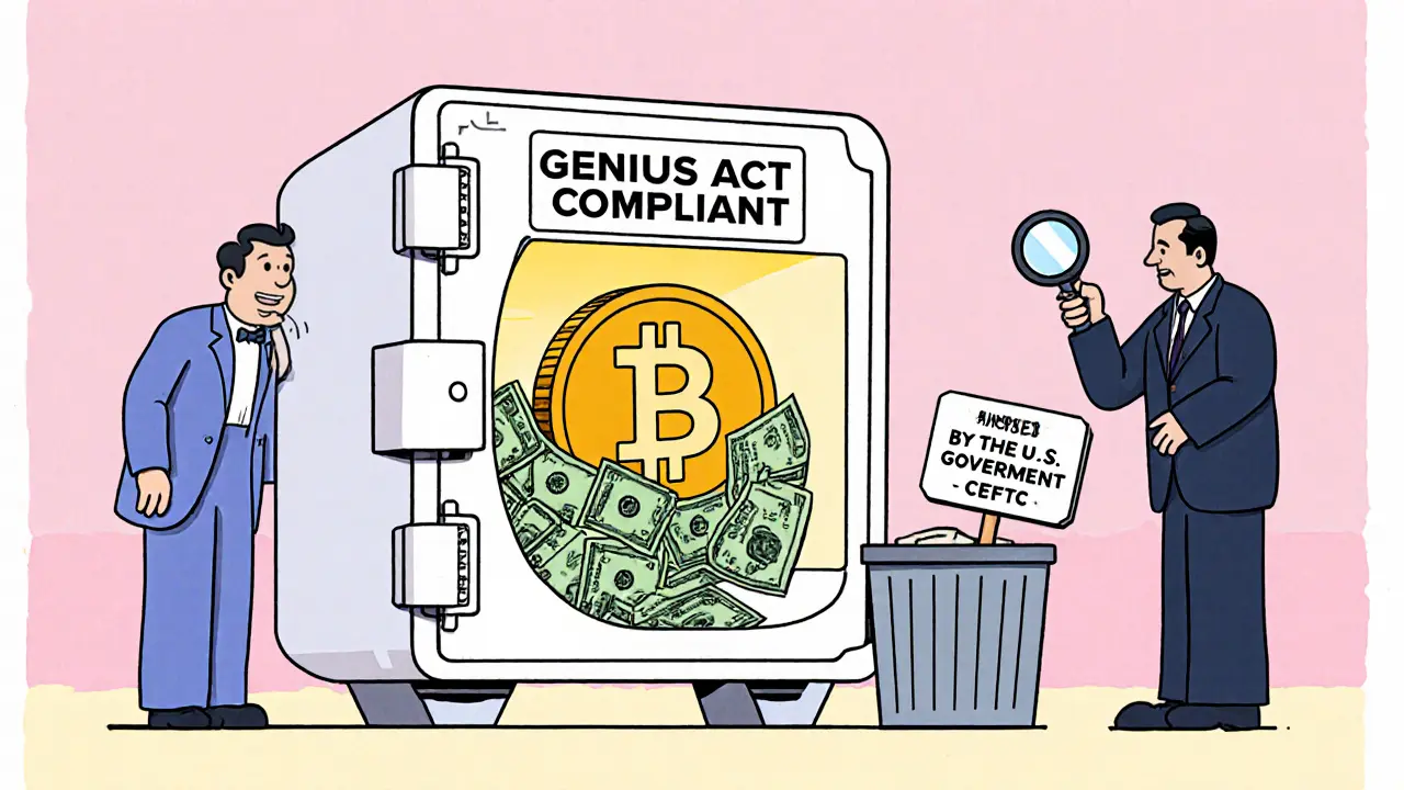 A stablecoin vault filled with cash and Treasuries, with an issuer trying to hide a false government backing sign.