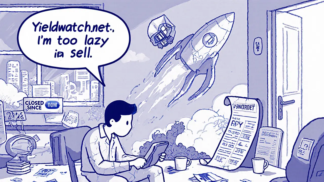 A user stares at a broken Yieldwatch tablet as abandoned crypto relics fill the room, with a rocket of progress flying past.