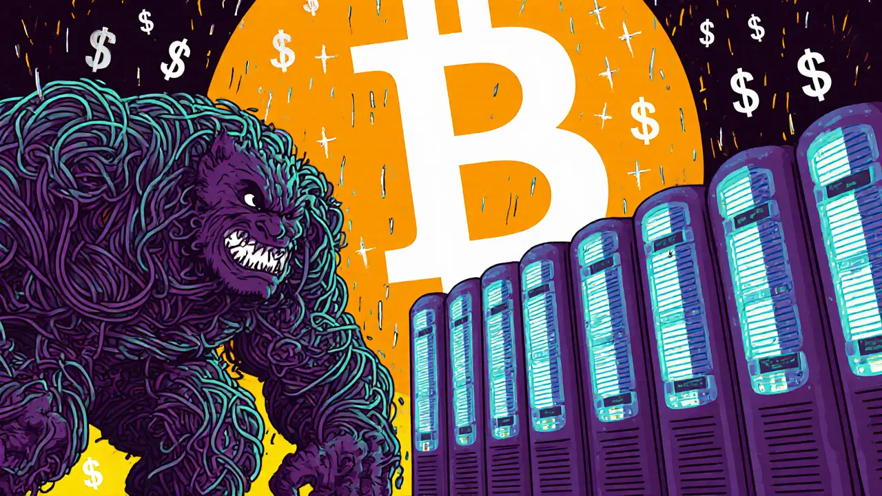 ASIC miners forming a wall against a 51% attack monster, with Bitcoin logo glowing above.