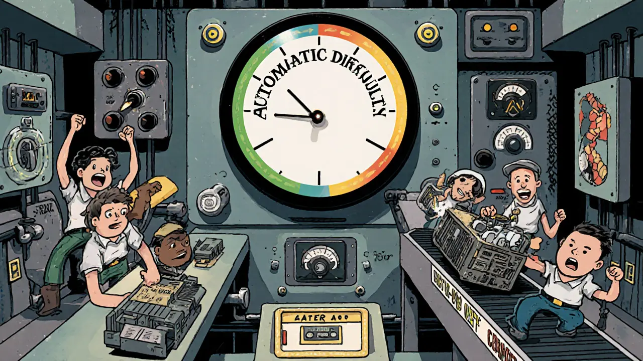 Automatic difficulty knob turning as miners scramble, one being pushed out by rising difficulty.