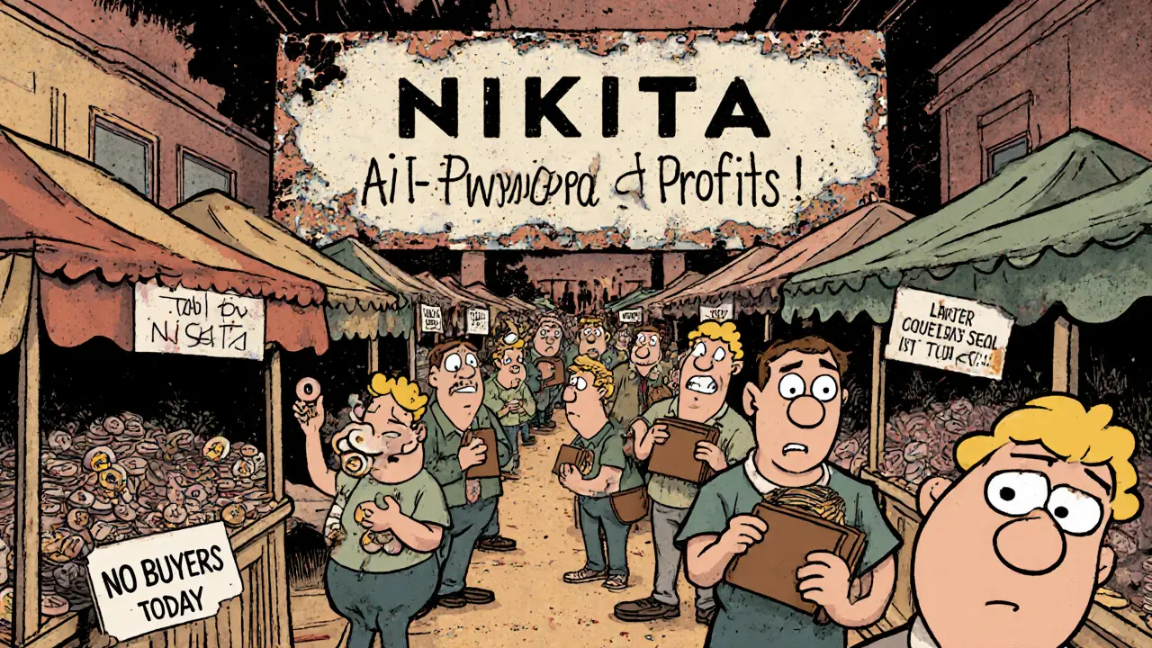 Empty marketplace with vendors selling NIKITA tokens as carnival tickets, no buyers present.