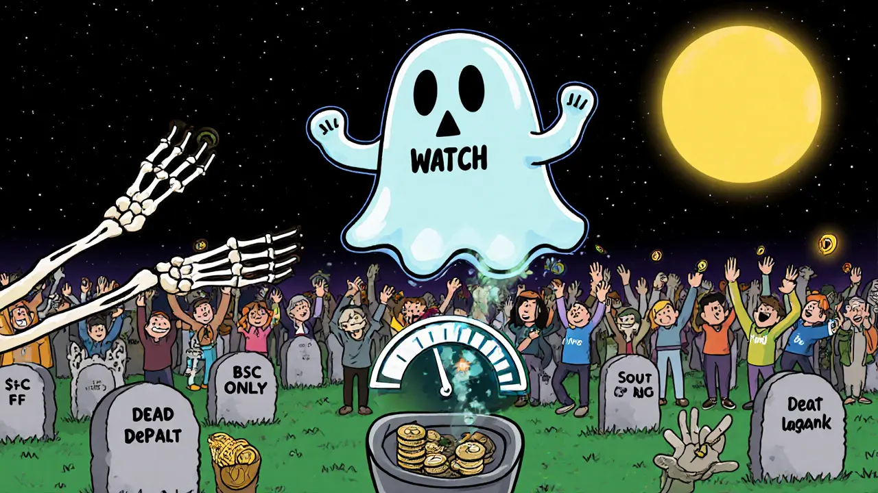 Ghostly WATCH token sinking in a crypto graveyard as users discard it, while modern dashboards shine ahead.